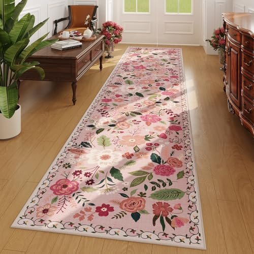 Rugcomf Läufer für Flur, Küche, Waschküche, Schlafzimmer, Badezimmer, rutschfest, 60 x 25 cm, waschbar, mit Gummi-Rückseite, weiches Blumenmuster, Teppichläufer für Flur, Küche, Waschküche
