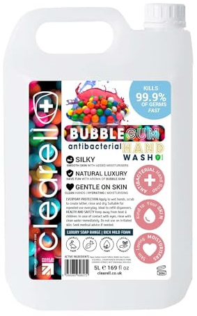 Clearell BUBBLE GUM 5L Hand Soap Liquid Wash 5 Litres Refill, Antibacterial Fragranced Hydrating Skin & Body Wash Gel for Soft and Sensitive Skin Care - 100% Vegan & Cruelty Free