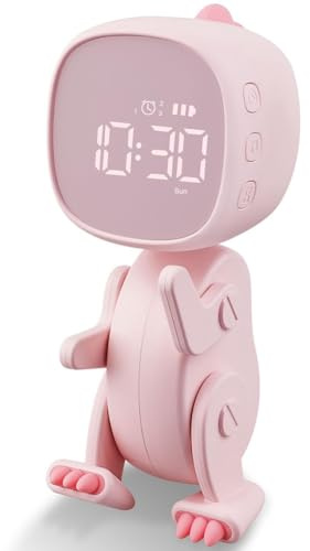 Begchy Sveglia digitale per bambini, tre sveglie, sveglia dinosauro con forma variabile, snooze, luce notturna rosa