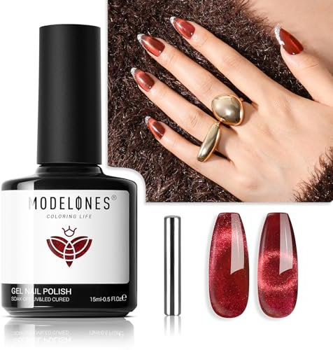 MODELONES UV Nagellack Cat Eye 15 ML, Rot mit Magnet, Rot Cat Eye Uv Gel, Glitter Silver Off Reflective Translucent Gel Magnetic Nagellack für Frauen und Mädchen