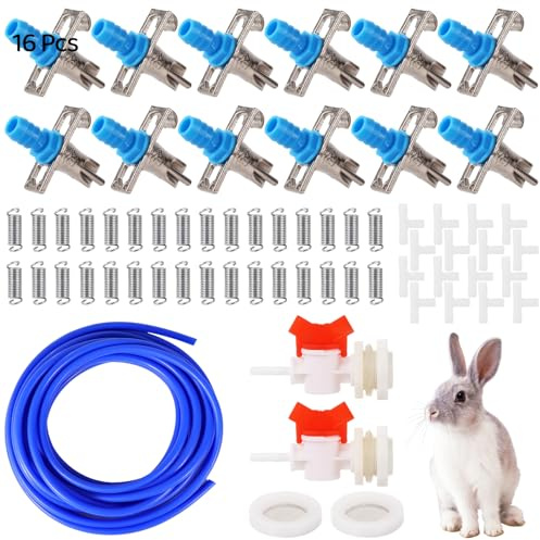 Automatic Rabbit Watering Kit - Including 5/16 Hose, 16 PCS Nipple Drinkers, Barb Fittings to G1/2 Thread Connectors, T-Fittings, Springs, and Gaskets, Automatic Rabbit Watering System