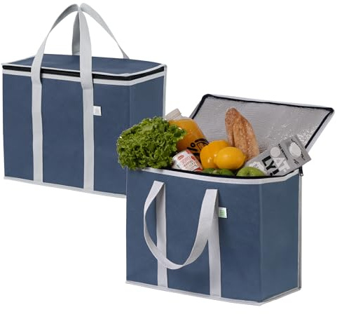 VENO 2 Pack Cooler Bag Insulated Grocery Bags for Food Delivery Heavy Duty | Large Collapsible Cooler, Reusable Shopping Tote w/ Zippers, Foldable, Stands Upright, for Picnic Camping (Dark Blue, 2 Pack)