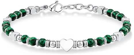 CASSIECA Bracciale Donna Acciaio Bracciali Perline Pietra Naturale Bracciale Cuore Acciaio Inox Bracciale Regolabile Bracciale Malachite Regalo Donna Compleanno Natale con Confezione