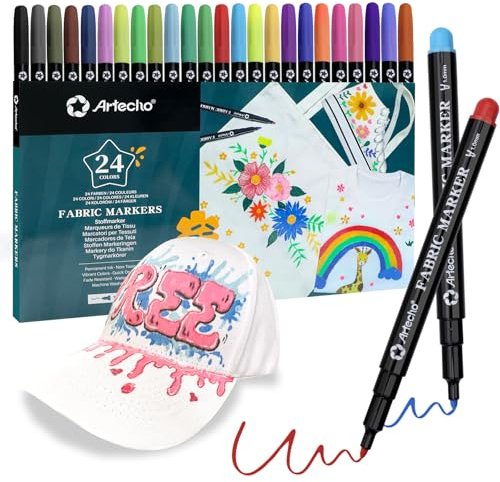 Artecho 24 Textilstifte Waschmaschinenfest Pigment für Textilien, ungiftig und waschmaschinenfest, kann auf Textilien wie T-Shirts und Taschen verwendet werden