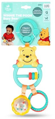 Bright Starts Disney Baby Winnie The Pooh Busy Bear Activity Toy, Unisex Stroller Toy, Multisensory Rattle, Beads & Textured Rings with C-Link, Newborns & Up