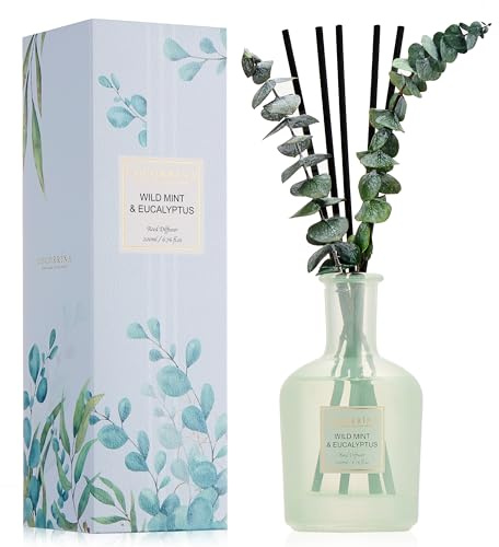 COCORRÍNA Wild Mint & Eucalyptus Reed Diffuser – 6.76 oz Essential Oil with 8 Reeds & Real Eucalyptus Sticks, Home Fragrance for Bedroom or Bathroom Décor