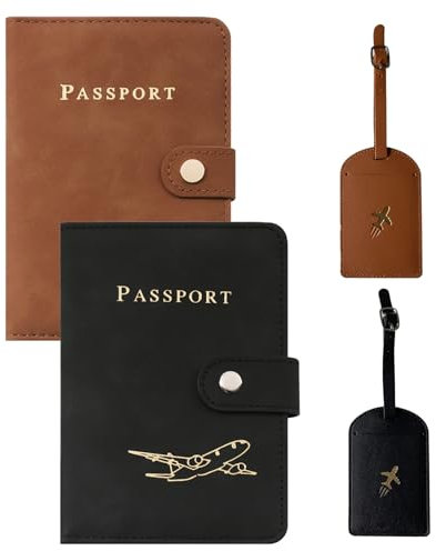 Reisepasshülle,Mengger 4 Stück Reisepass Hülle und Gepäckanhänger Set PU Leder,Reisepass Organizer Passport Hülle Kofferanhängern Personalisiertes Passport Cover Ideal für Reisen Urlaub(Schwarz Braun)