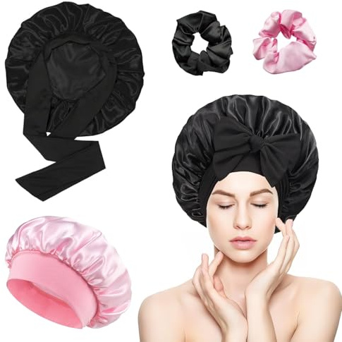 vaolmlop 2 Stück Satin Haarhaube,Seidenhaube,Nacht Schlafhaube Mit Elastischem Band,Schlafhaube Haare Schützen,Satinhaube Zum Schlafen,Haarnetz Für Damen Und Mädchen(Schwarz+Rosa)
