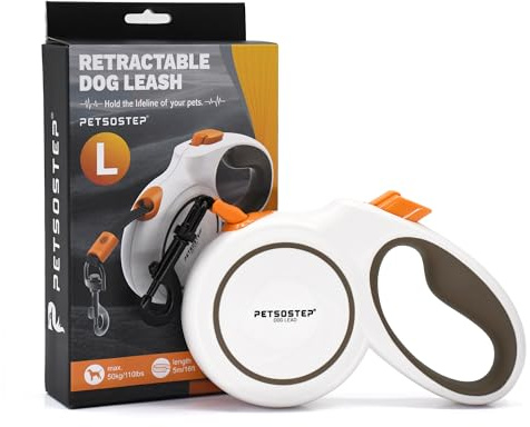 PETSOSTEP 360° Tangle-Free Retractable Dog Lead, Heavy Duty 5M/30kg Extendable Dog Lead for Small Medium Dogs, Extra Strong Nylon Tape/Ribbon with Anti-Slip Handle, One-Handed Brake (White)