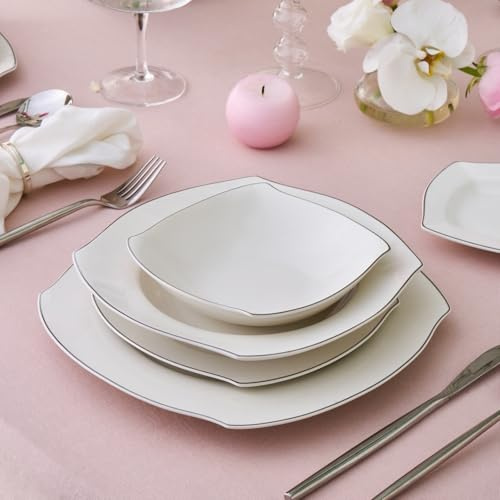 Karaca Square Bone Eterno Assiettes Service de Table 53 Pièces pour 12 Personnes, en Fine Bone China, Design Carré Élégant et Durable, Platine