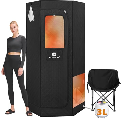 COSVALVE Caja de sauna de vapor portátil con luz roja, tienda de sauna hexagonal, sala de sauna interior personal para relajación, sauna en casa, spa con generador de vapor de 3 L 1200 W, control