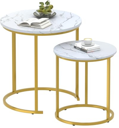 Garden 4 you Round Coffee Table for Living Room,White Nest of Tables Set of 2,Nesting Tables End Table for Living Room, Bedroom, Office, Balcony, Apartment (White + Gold)