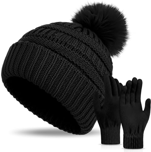 Silicherry Women Knitted Beanie Hat Gloves Set Winter Gift for Women Black