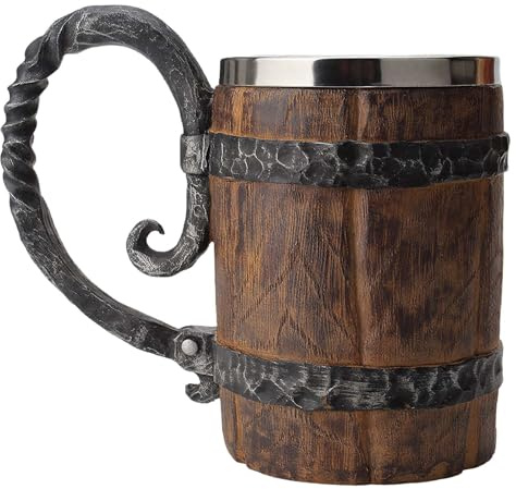 YOUOIVIA Wooden Barrel Beer Mug, Wood Bucket Style Beer Stein with Handle, Stainless Steel Double Wall Tankard Cocktail Mug for Bar Restaurant, Vintage Restaurant Renaissance Accessories (18 oz)