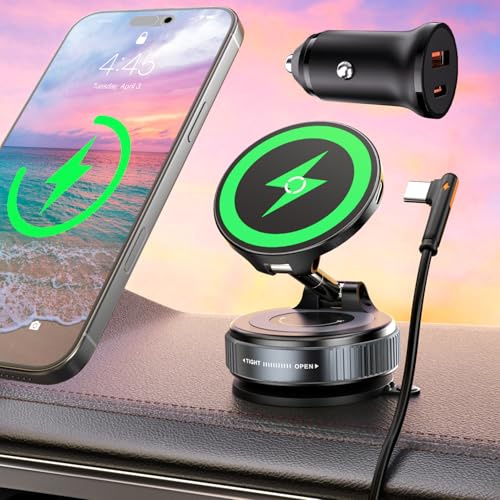 ALAFLY 15W for MagSafe Car Mount Charger, Vacuum Suction Magnetic Wireless Car Phone Holder for iPhone 17 16 15 14 13 12 Pro Max, 360° Adjustable iPhone Charger for Car with USB C Car Charger Adapter