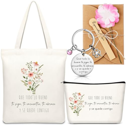 Xuniea Set de 4 Piezas Regalo para Amiga Mujer Incluir Bolsa de Lona de Incentivo Bolsa de Cosméticos Llavero con Tarjetas de Felicitación con Flores Regalos de Cumpleaños
