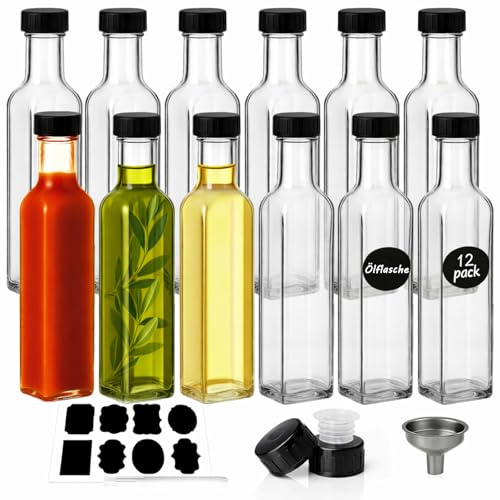 WERTIOO Ölflasche 8.5oz/250ml, 12 Stück Olivenöl Flasche, Soßenflasche Glas, Essig und Ölflaschen set Perfekt zum Aufbewahren von Saucen und Getränken
