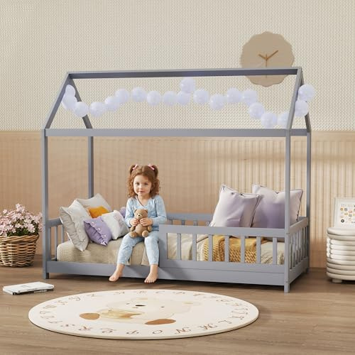 HOMCOM Toddler Bed Kids Single Bed Frame, House-Shaped Solid Pine Wood with Guard Rails for Kids Boys and Girls, Grey