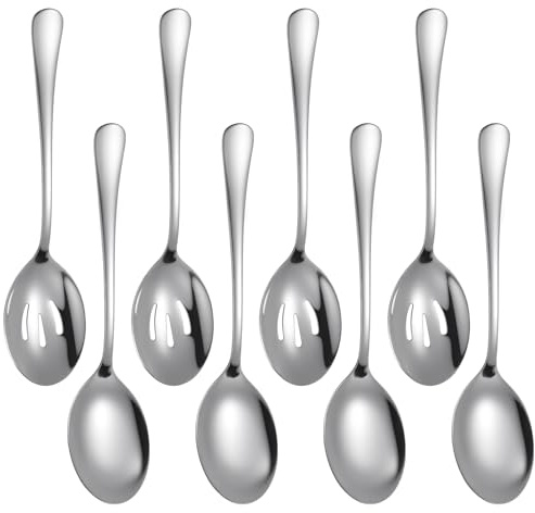 AOZUO 8 Pack Serving Spoons Set, Includes 4 Serving Spoons and 4 Slotted Spoon, Stainless Steel Large Cutlery Restaurant Utensils Mirror Polished Catering Set for Kitchen Buffet Party Banquet