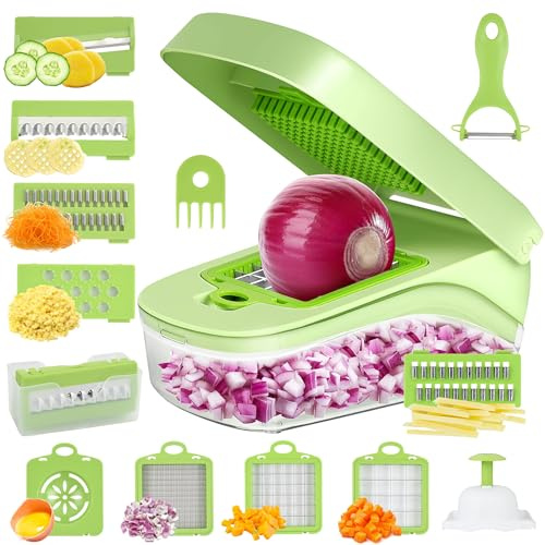 Romon Cortador de Verdura, Vegetable Chopper, 14 en 1 Cortadora Multifuncional de Verduras, Cortador de Verduras Manual en Cubos, Palitos, Rodajas, Tiras y Cuartos.
