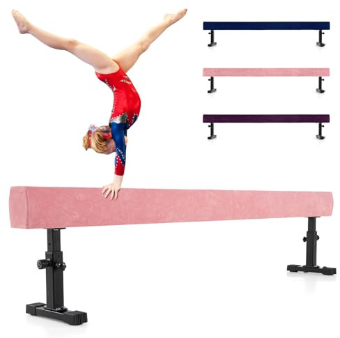 COSTWAY 226 cm Schwebebalken mit 3 Höhen verstellbar, Balancierbalken mit robusten Metallbeinen & Rädern, Gymnastikbalken für Anfänger und Profis (Rosa)