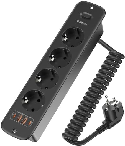 Bordsskiva infällbart uttag med USB C, 4-vägs inbyggt uttag uttagslist med 2 m spiralkabel, PD20 W, 250 V/16 A, för kontor, hemmakontor och kök – svart