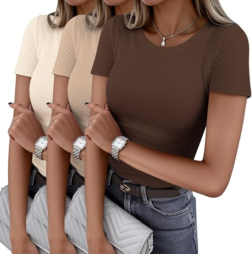 Ekouaer Lot de 1&3 T-Shirts Femme en Maille Côtelée Basiques | Coupe ajustée et extensible, manches courtes, col rond, tailles XS à XXL