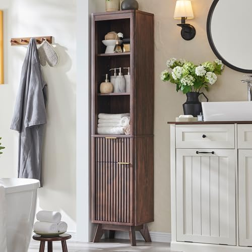 AetherWood Badezimmerschrank Hochschrank Schmal 173 cm, Badschrank Hoch mit Schublade & Verstellbaren Regalen, Fluted Tür, Badezimmerschrank Freistehend Modern, Badmöbel Organizer, Dunkel-Walnuss
