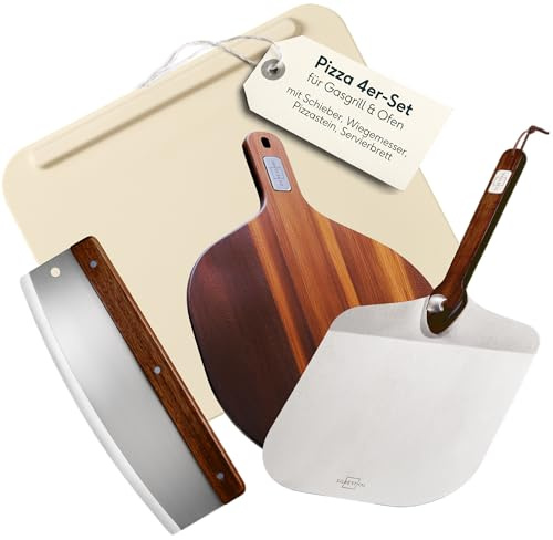 SILBERTHAL Set pietra per pizza 4 pezzi – Pietra refrattaria con pala pizza in acciaio inox, tagliapizza 32 cm e tagliere da servizio – Per forno e BBQ
