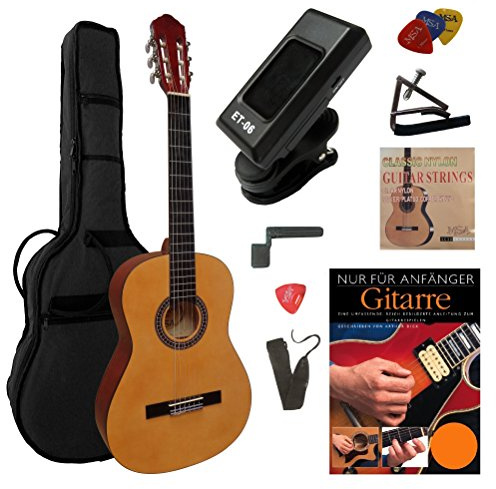 4/4 KONZERTGITARRE - CLASSIC NATUR - DECKE LINDE - 10 TEILIGES STARTER SET ! - LERNBUCH + CD - STIMMGERÄT - KAPO - KURBEL - PIK - u.v.m