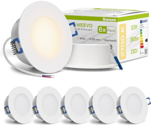 linovum WEEVO 6 Stück IP44 Einbaustrahler LED 230V rund - runde Deckenspots warmweiß 3,5W Bad & Außen - flacher Einbau 29 mm