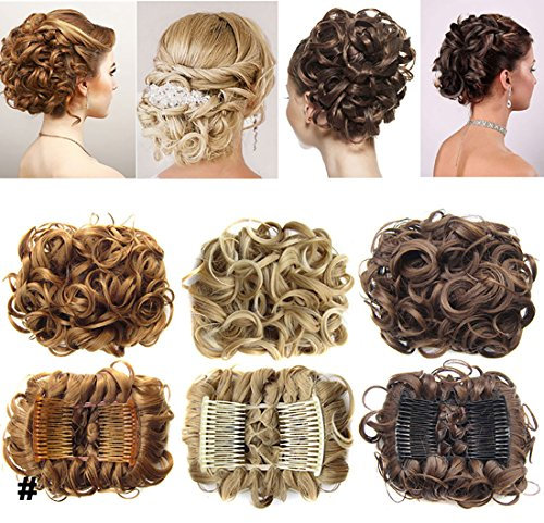 Short Messy Curly Dish Hair Bun Extension Easy Stretch hair Combs Clip in Ponytail Extension Scrunchie Chignon Tray Ponytail Hairpieces - Ash Blonde to Bleach Blonde