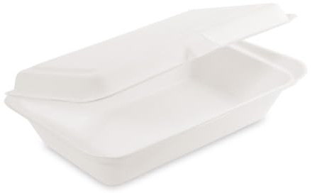 50x Bio Take Away Box weiß 250 x 162 x 63 mm aus Zuckerrohr | nachhaltige To Go Lunchbox Essensbox mit Deckel | Lebensmittel Behälter Einweg | kompostierbar auslaufsicher