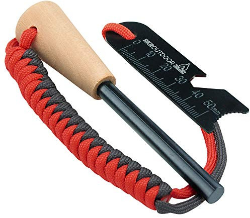 RKR OUTDOOR Ferro Rod Flint Fire Starter Kit with Handcrafted Wood Handle |12,000+ Strikes | Survival Flint and Steel Rods with Multi-Tool Striker and Paracord Neck-Wrist Lanyard for Your Camping Gear