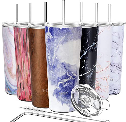 Thily Thermobecher aus Edelstahl, vakuumisoliert, 780ml, Kaffeetasse mit 2 Deckeln und Strohhalmen, spritzwassergeschützt, hält Eisgetränke kalt, Blauer Marmor