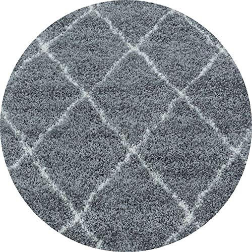 Ayyildiz Moderner Runder Hochflor Teppich - Skandinavischer Stil mit Rautenmuster | Shaggy Teppich | Flauschiger Langflor Wohnzimmer Teppich, Größe:Ø 160 cm Rund, Farbe:Grau
