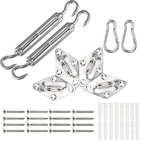 VOUNOT® Sun Shade Sail Fixing Kit, 24 pcs Heavy Duty Stainless Steel Hardware Set for Triangle Square Rectangle Sail Canopy Installation, Silver