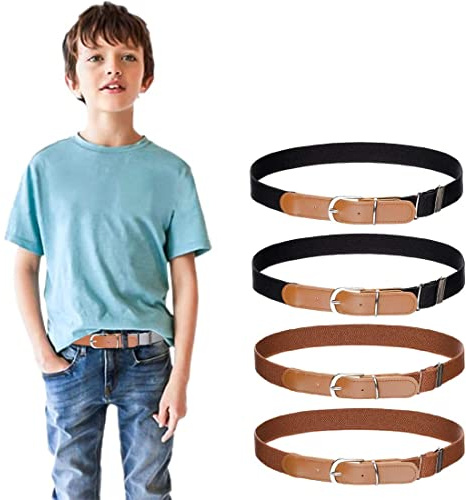 4 Stück Jungen Mädchen Elastischer Gürtel - Verstellbarer Schnallengürtel mit Leder für Kinder von 3-15 Jahren (2 Schwarz/2 Braun)