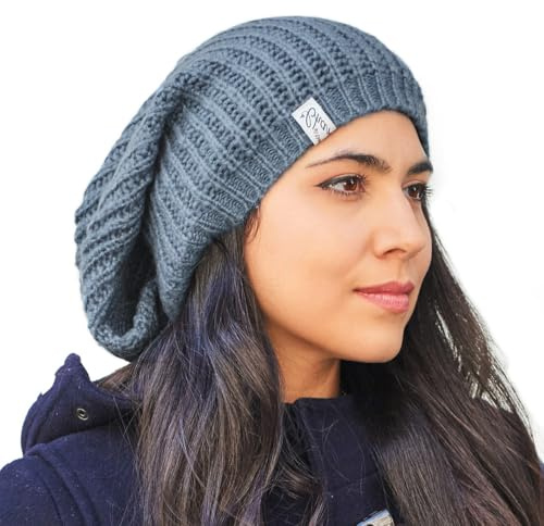 Oversized Winter Slouchy Knit Beanie - Mens Warm Fall Hat Womens Dreadlock Cap Large Slouch Tam for Big Heads Blue