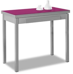 Astimesa - Mesa de Cocina Tipo Libro con Cajón - Mesa con Tapa de Cristal en Color Berenjena - Minimalista - Estructura Madera Laminada Negra - Mesa Extensible de 80 x 40 cm a 80 x 80 cm