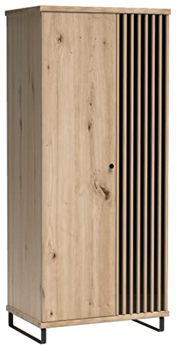 Marmex Cali 01b Zweitüriger Kleiderschrank mit Metallbeinen - Geräumiger Kleiderschrank mit Regalen und Kleiderstange - Aufbewahrungsschrank - Eiche Artisan + Schwarz Matt + Lamellen - 86,4x201x58