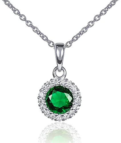 Diamond Treats 925 Sterling Silber Halo Anhänger Halskette für Damen mit weißen, grünen, blauen oder roten Cubic Zirkonia Steinen, Elegante Silber Runde Halo Anhänger Halskette mit einer Geschenkbox