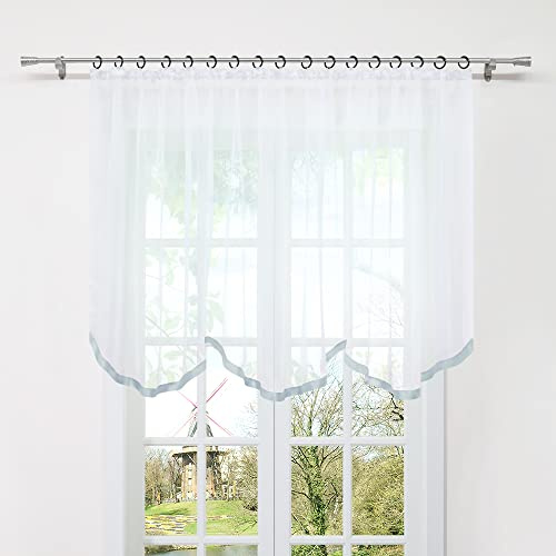 HongYa Bogenstore aus transparentem Voile mit Kräuselband und Satinband | Silber, H/B 120/300 cm, einteilig, lichtdurchlässig, pflegeleicht, geschwungener Saum, für Küche und Wohnzimmer