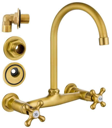 Airuida Antique Brass Wall Mount Commercial Kitchen Faucet, Wall Mount Kitchen Sink Faucet, Wall Mounted 8 Inches Center Faucet, Commercial Mixer Restaurant Tap with 360 Degree Swivel Spout