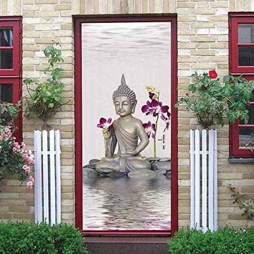 Türaufkleber Selbstklebende Türtapete -3D Chinesische Buddha-Statue-Stream-Blumen 90X200Cm Fototapete Türfolie Poster Art Tapete Wasserdicht Abnehmbare Wandaufkleber Für Schlafzimmer Haus Bad