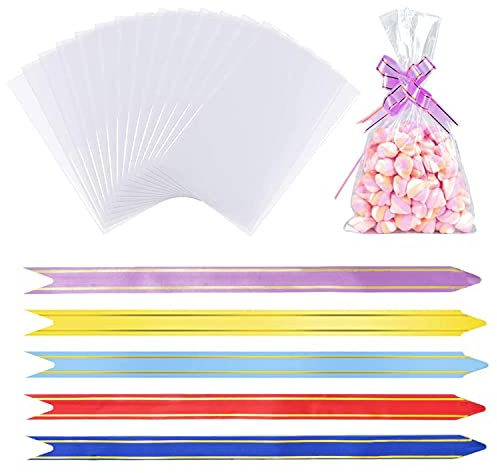 50-pack cellofanpåsar, matkakapåsar Klara cellofanpåsar med 50 st Mix Colors Dra rosetter för presenter, förpackning, inslagning av godispåsar, genomskinliga presentpåsar (6 x 10 tum)