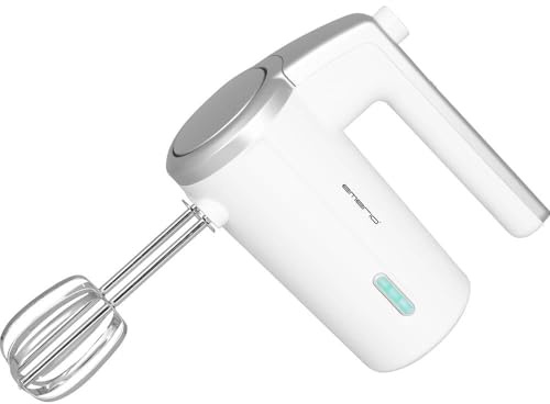EMERIO HM-126681 - Batidora de mano con batería inalámbrica, 2 varillas, 3 velocidades, 2000 mAh/7,4 V, sin BPA, indicador de nivel de batería, cable de carga USB, hasta 10 ciclos de 3 minutos