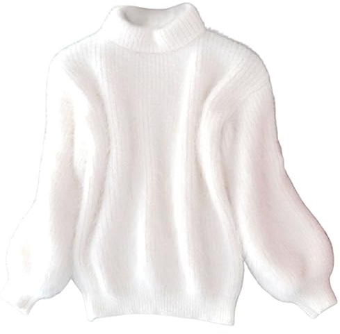 CHUSHEN Vardaglig kabelstickad jumper långärmad rund hals enfärgad tjock pullover tröja, kashmir lös enfärgad stickad tröja, vintage angoratröja för kvinnor (vit, en storlek), Vitt