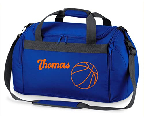 Sporttasche mit Namen Bedruckt für Kinder | Personalisierbar mit Motiv Basketball | Reisetasche Duffle Bag für Mädchen und Jungen Sport (Royalblau)
