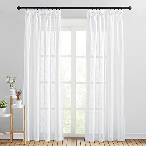 PONY DANCE Kräuselband Gardinen Leinenoptik Halbtransparent Vorhang Weiß | 2er Set, H200 x B140 cm, Luftig, Lichtdurchlässig, Sichtschutz, Modern, für Schiene, für Schlafzimmer Wohnzimmer Esszimmer